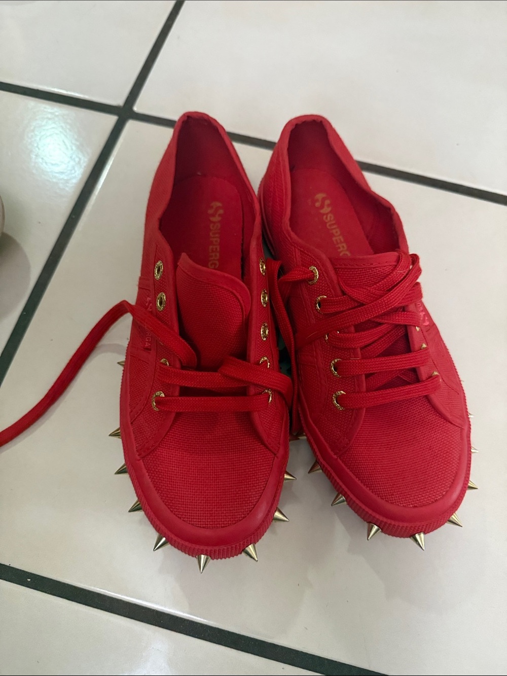 Superga Red Canvas Sneakers with Gold Spike Accents